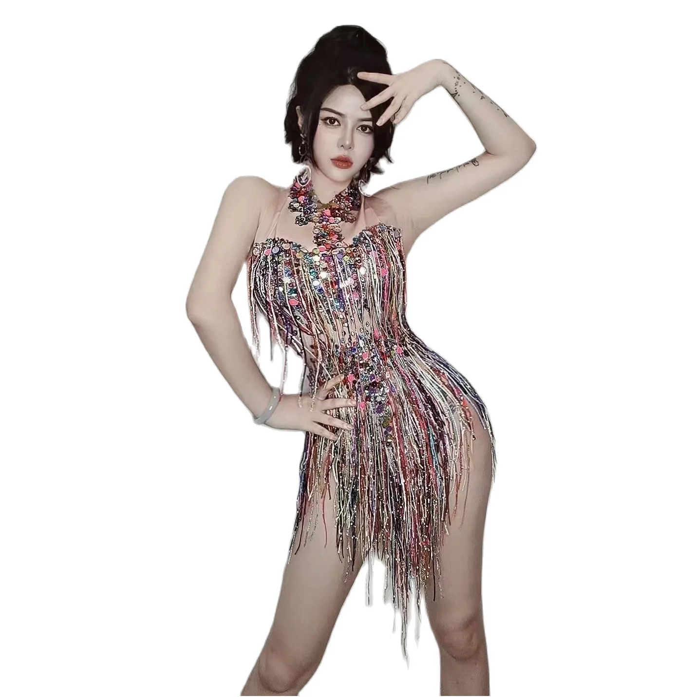 

Halter Shining Colorful Sequins Tassel Sexy Bodysuits For Women Nightclub Party Clothing Pole Bar Prom Wears Stage Costumes