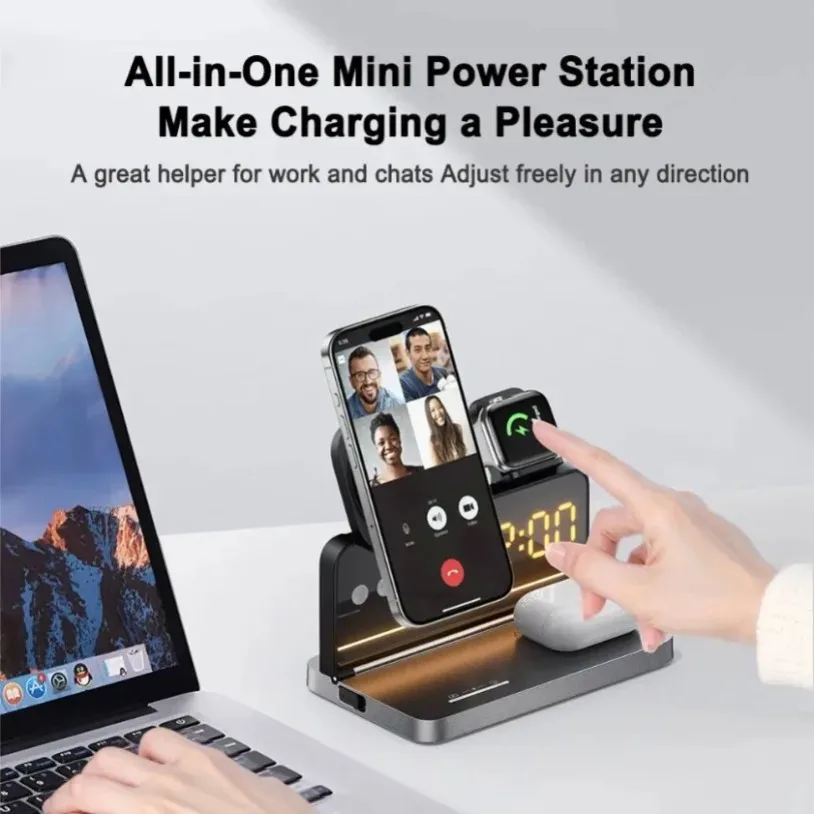 Foldable Fast Charging 6 in 1 Magnetic Wireless Charger LED Light Alarm Clock For iPhone 17~12 Pro Max Apple Watch 9 Airpods Pro