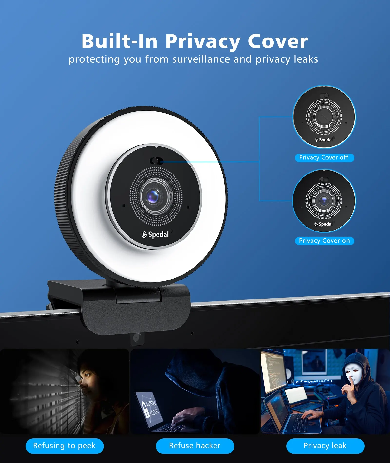 Spedal AF966 HD Webcam 4k 30fps with Adjustable Ring Light and Microphone, Autofocus Webcam with Privacy Cover, Zoom Skyp