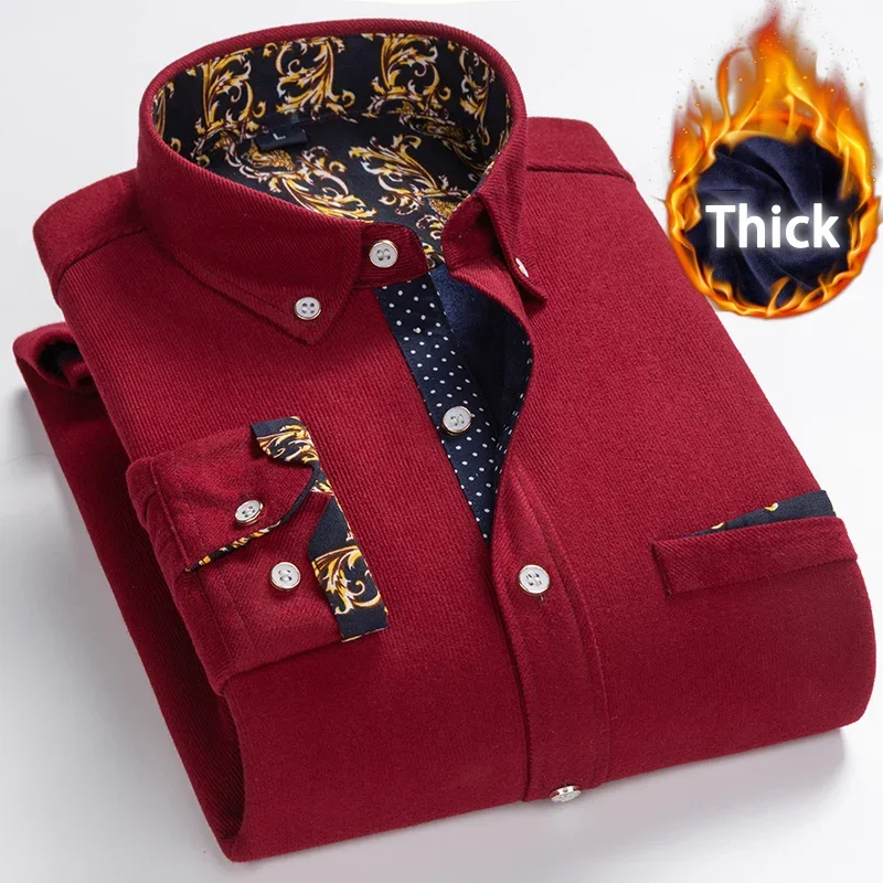 Dress Shirts Men Casual Shirts Winter warm shirt plus velvet thickening fashion print plaid shirt long sleeve men's brand dress M-5XL