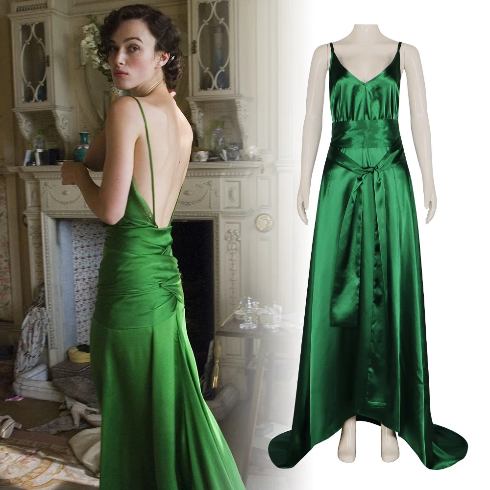 

Movie Atonement Cecilia Thales Cosplay Green Skirt V-Neck Retro Thin Suspender Dress Vacation Sexy Satin Backless Long Dovetail