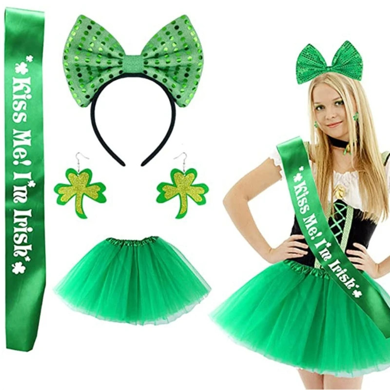 

Patrick Costume Set Shamrock Eyeglasses,Bows Headband Mini Tutus Skirt for Party Costume Irish Festival Accessory