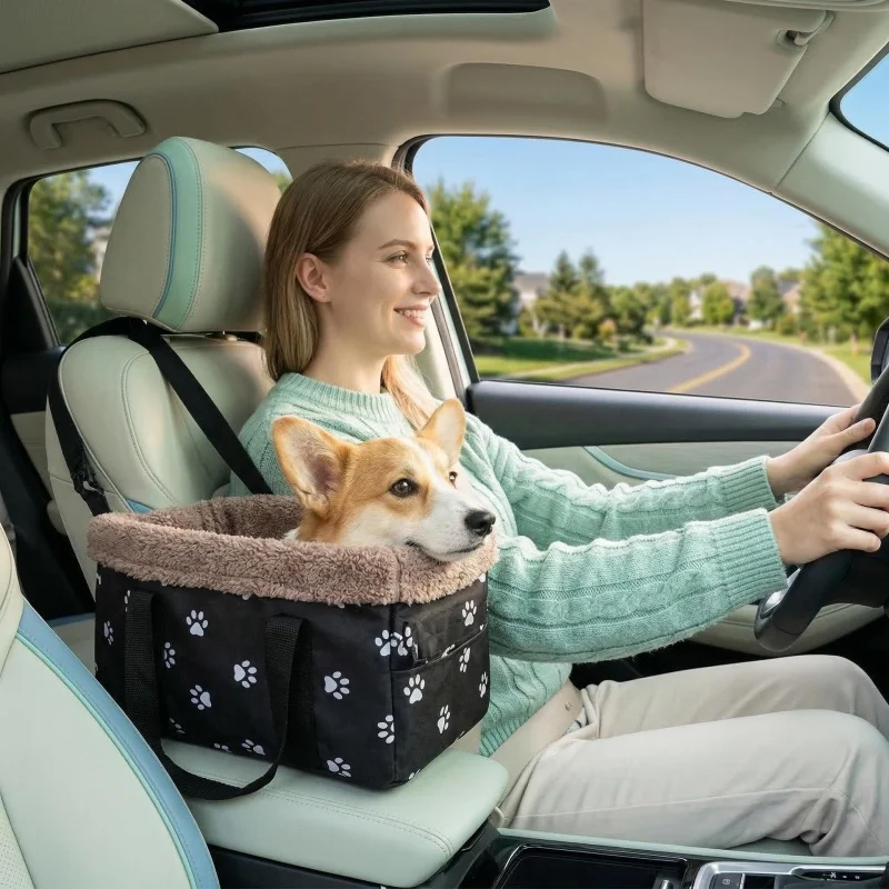 Pet Car Seat Dog Carrier Center Console Portable Safety Bed for Small Dogs Cats Travel Paw Print Design Soft Pet Supplies