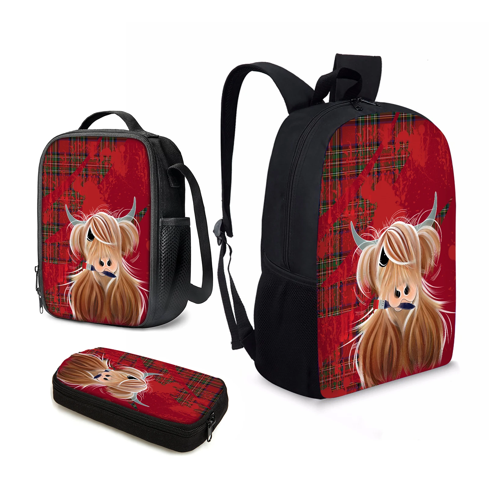 

YIKELUO Fashion Tribal Highland Cattle Design Brand Durable Backpack Student Textbook Knapsack Lunch Bag With Zipper Pencil Case