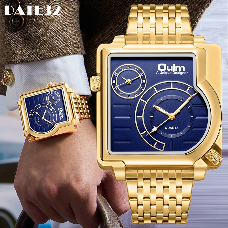 

Men Big Watch Luxury Gold Black Wristwatch Stainless Steel Watches Quartz Clock Square Dial Business Man Male Relogio Masculino