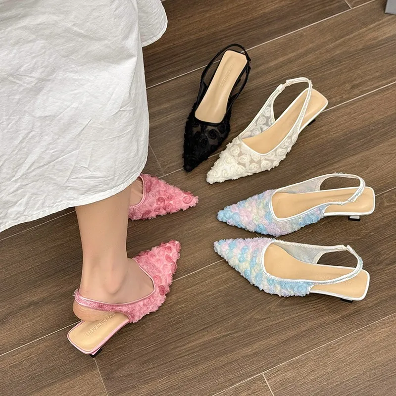 Women Bling Sandals Pointed Toe Shallow Slip On Slingback Med Heel Pumps