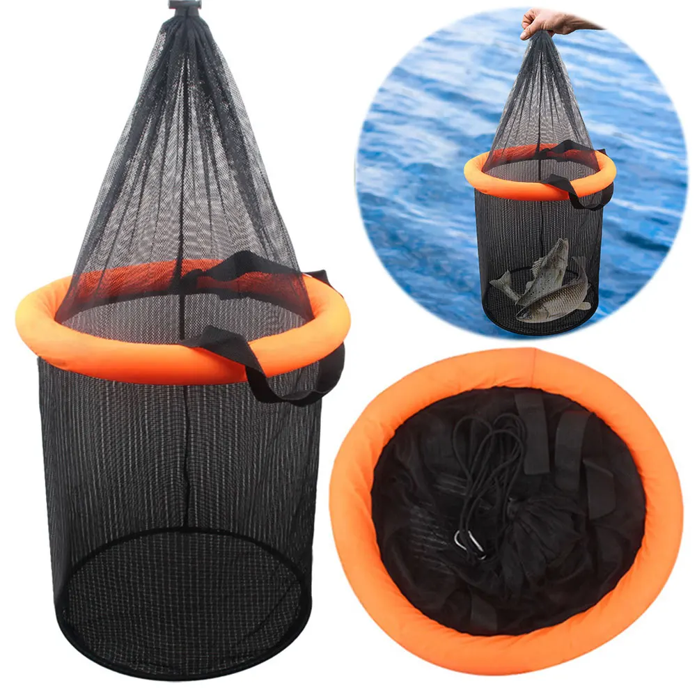 Floating Fishing Bait Basket Mesh Live Fish Net Cage Foldable Fishing Holder Bucket for Caught Fish