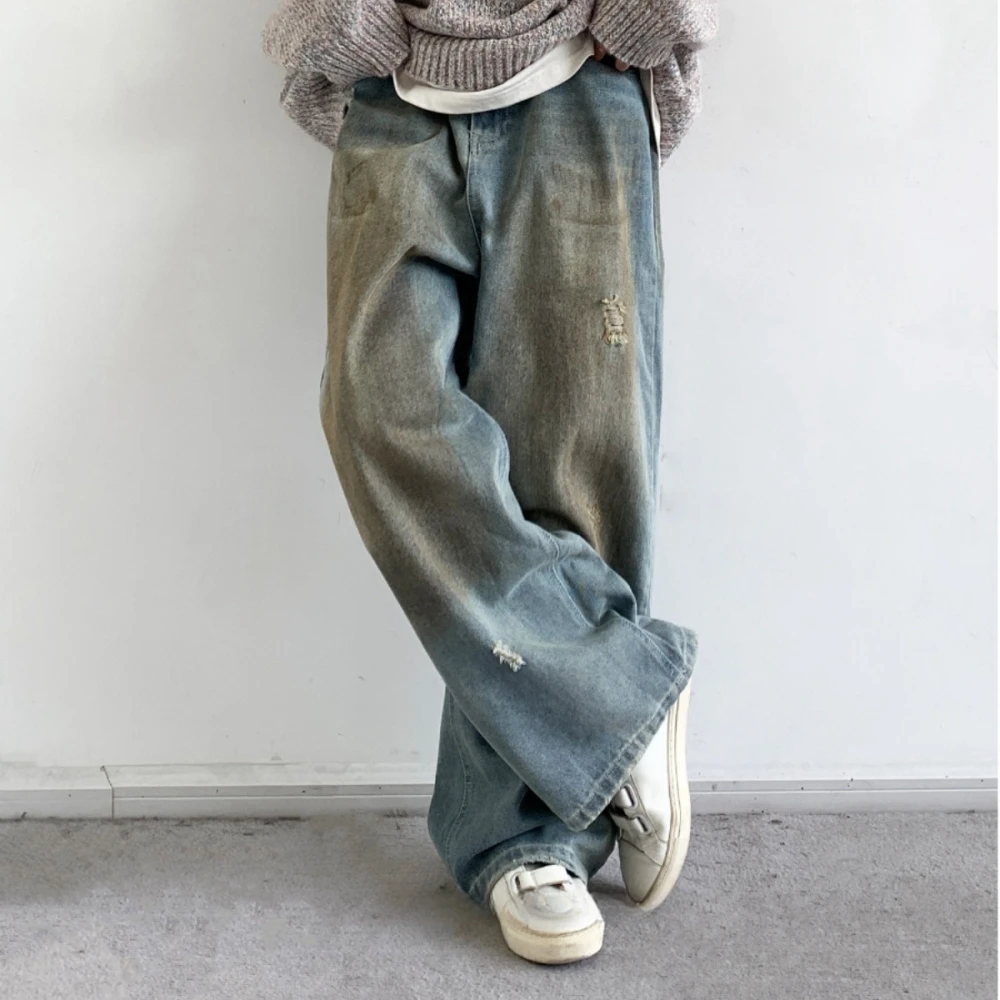 Japanese Streetwear Hip Hop Ripped Dirty Baggy Jeans Men