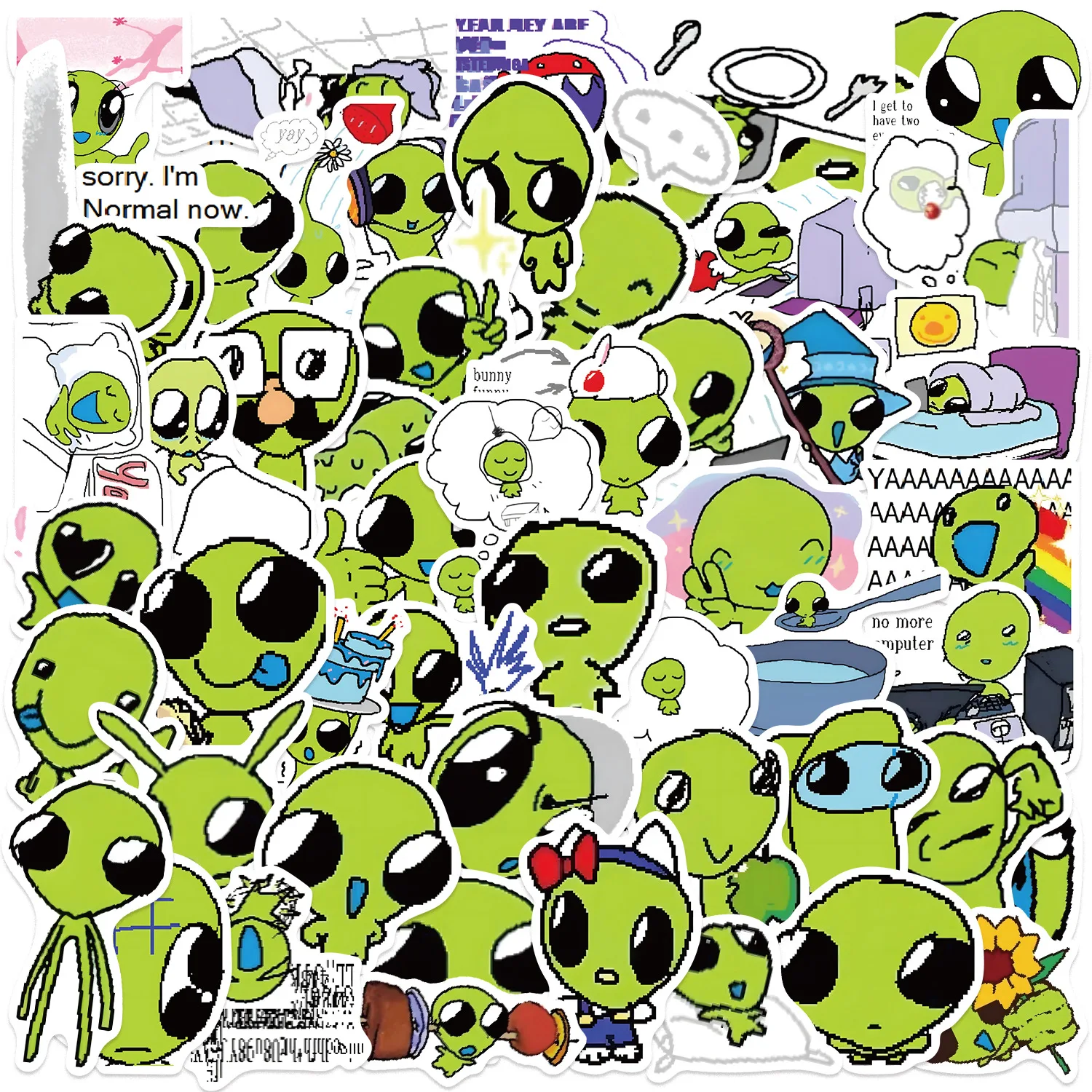 50pcs 재미 있은 큰 눈 Q 버전 녹색 외계인 스티커 Diy 재료 장식 전화 케이스 노트북 데스크탑 스티커