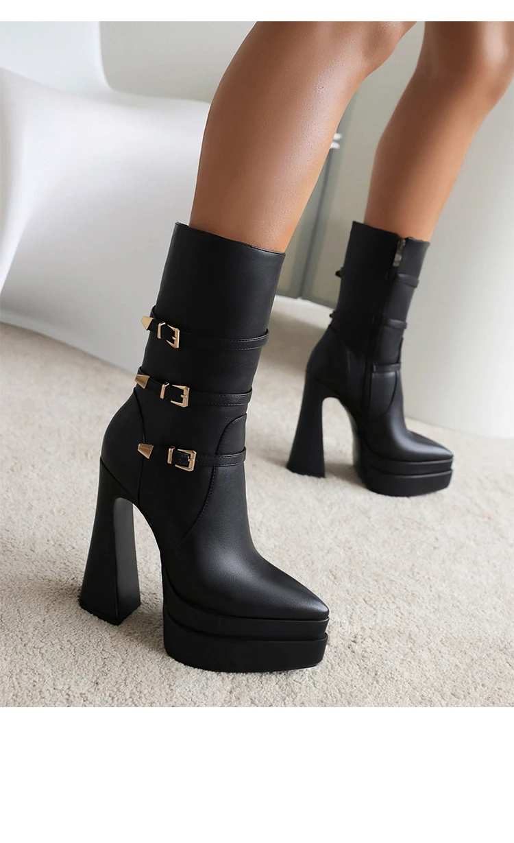 Three-Row Metal Belt Buckle Ultra-High Profiled Hollow Heel Catwalk Women's Boots Pointed Toe Three-Layer Platform Mid-Boots