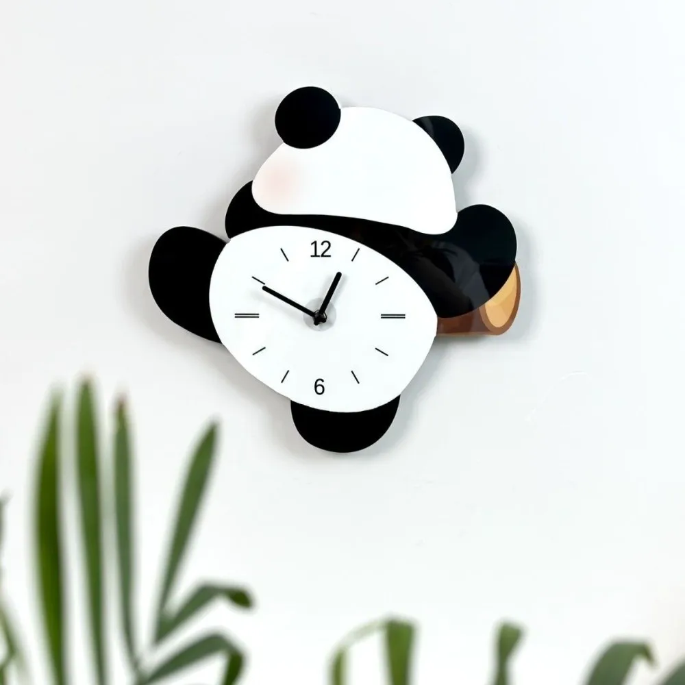 Wall Decoration Cartoon Swinging Panda Wall Clock Wooden Silent Hanging Watch Panda Animal Digital Clock Cafe