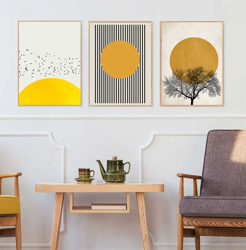 3pcs Framed Boho Wall Art Mid Century Modern Wall Decor Botanical Geometric Abstract Neutral Canvas Sun Mountain Posters Prints Orange Minimalist Artwork Ready To Hang For Living Room Bathroom Bedroom