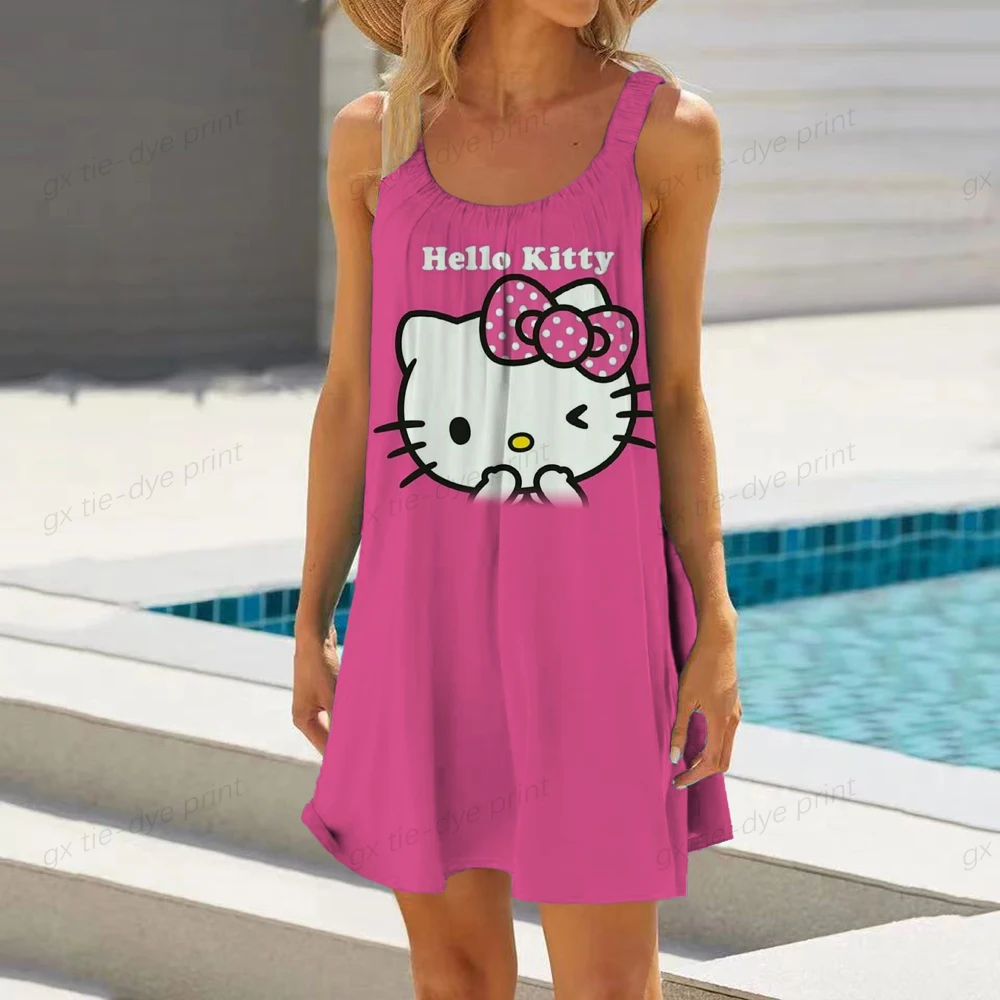 

2023 summer new Hello Kitty Print dress female summer sexy low-cut strap suspender A-line skirt short skirt beach skirt