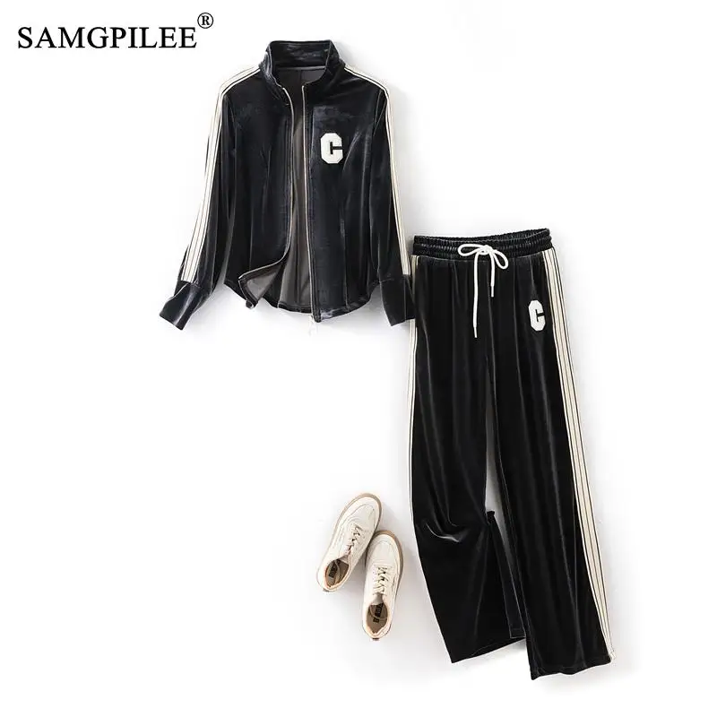 

Женский бархатный костюм из двух предметов, короткий кардиган с вертикальной полосой сбоку и широкие брюки, серого цвета, спортивный костюм из двух предметов, 2023