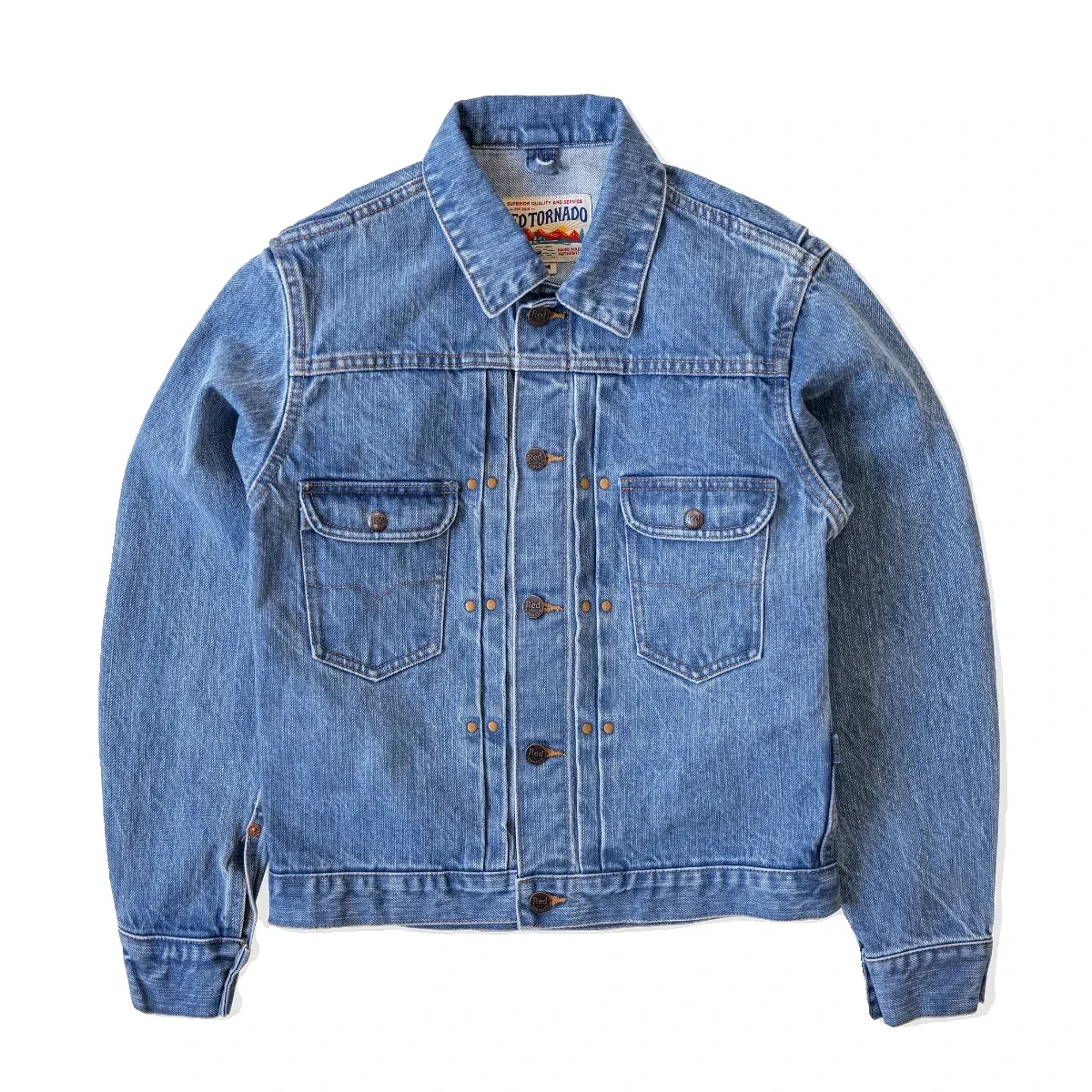 レッドトルネードデニムジャケット、スリムフィット、個別のメンズ