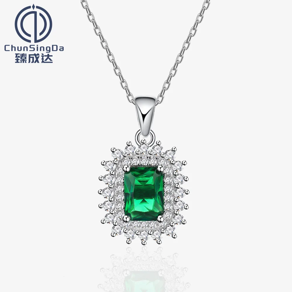 

S925 Sterling Silver Necklace for Women with Sun Lace Inlaid Synthetic Emerald Pendant, European and American Niche Fashion