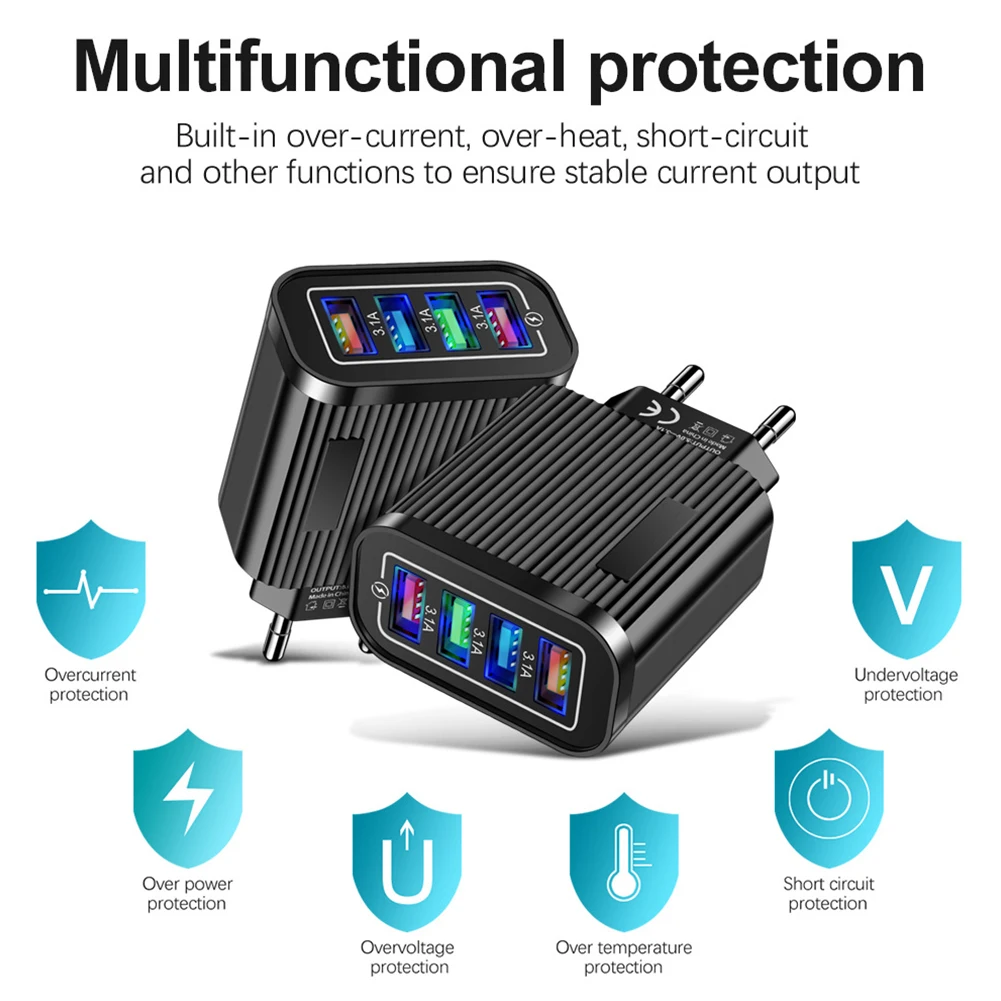 Charging Blocks Phone Charger 4 USB Ports Power Adapter For Phones Laptop