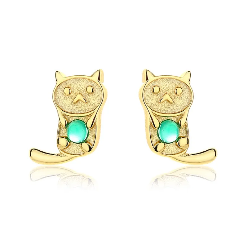 

EP-10 ZFSILVER S925 Silver Korean Fashion Luxury Trendy Gold Lovely Green Cute Animal Cat Earring Jewelry Women Match-all Gift