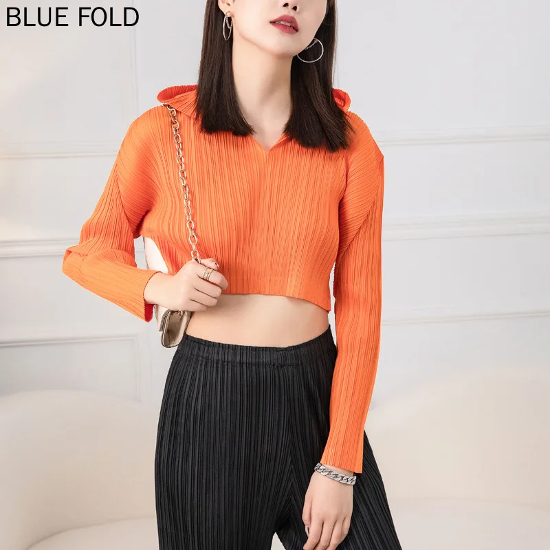 

MIYAKE PLEATS Summer New Ruffled Loose Slim Long Sleeve Hoodie Women's Casual Fashion Short Tshirt Crop Top Blusas Tops Ropa