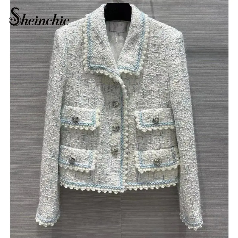 

Korean Fashion Tweed Jacket Women 2022 White Blue Patchwork Wool Coat Female Luxury Designers Winter Clothes Manteau Femme Hiver