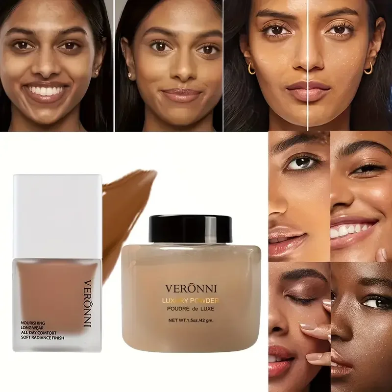 3-in-1 foundation setting powder & brush set for all skin tones oil control & concealer long lasting finish face makeup