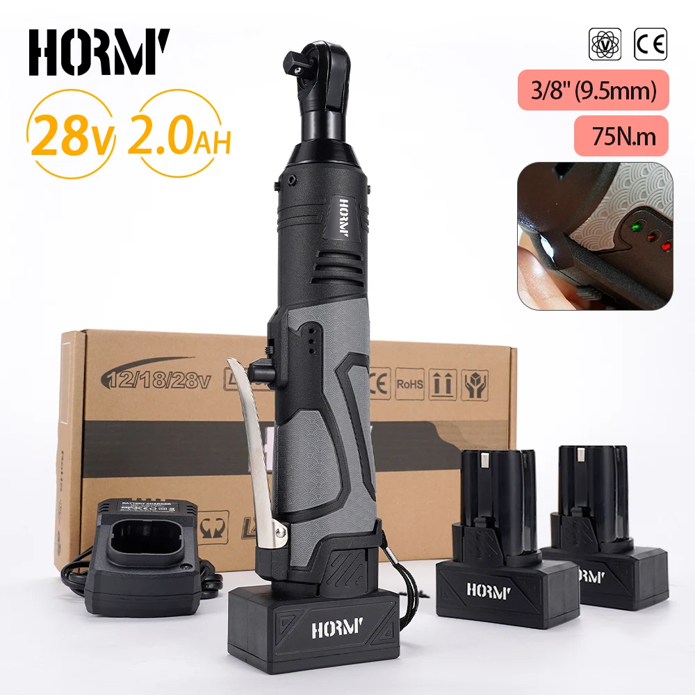 Hormy 28V Electric Ratchet Impact Wrench 3/8'' Right Angle 75N.m Screwdriver Nut Car Repair Power Tool With Lithium-Ion Battery