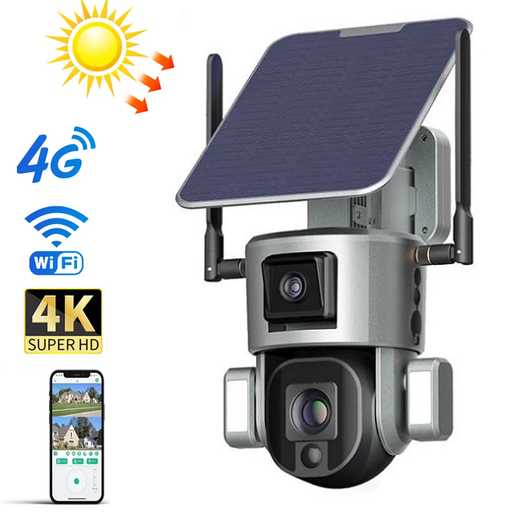 4G WIFI Solar Camera Outdoor 4K WiFi Surveillance Cameras Solar Dual Linkage PTZ Battery Camera With Sloar Panel Smart Home AI