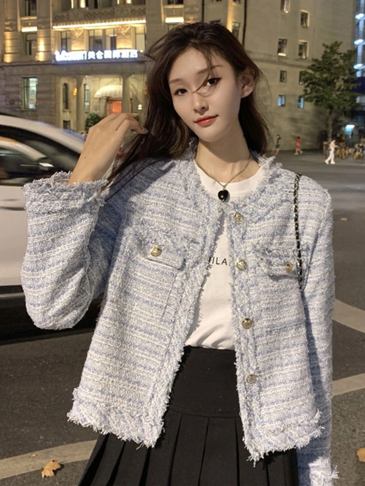 

Deeptown Korean Fashion Tweed Woolen Jacket Women Elegant Plaid Tassel Coats Autumn Single Breasted Crop Top Office Lady Outwear