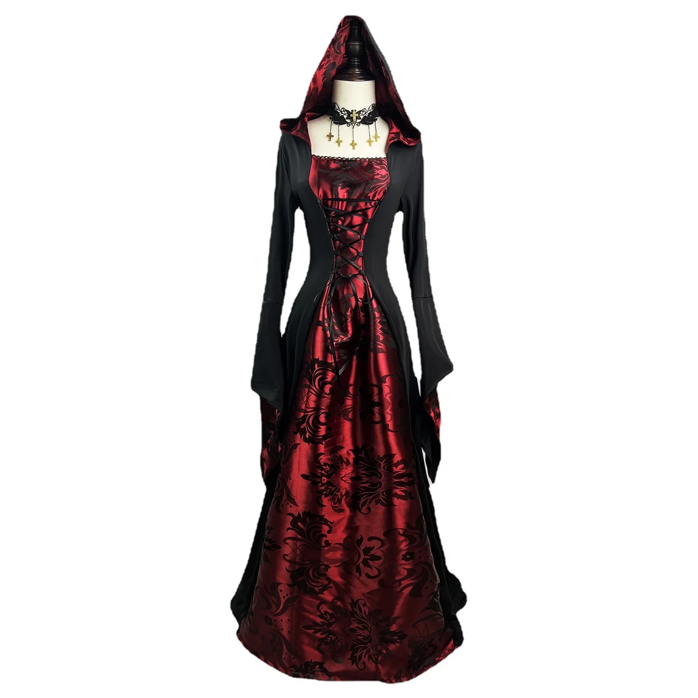 

Halloween Costume Women Black Red Long Robe with Hood Carnival Party Cosplay Cloak Vampire Role-playing Costume Ball Wizards