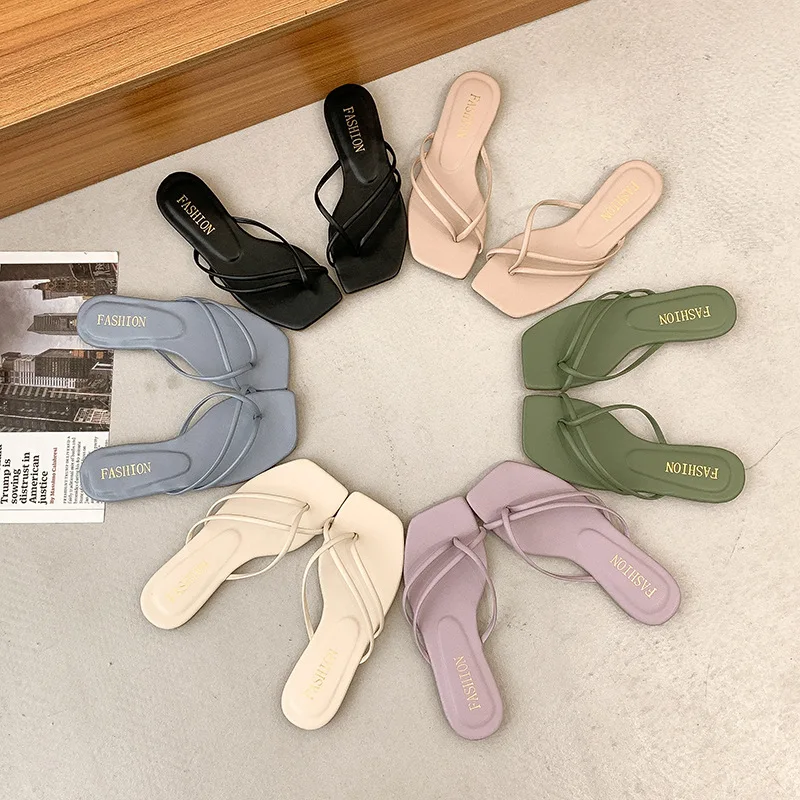 New Women Flats Flip Flops Simple Thin Strap Square Toe Indoor Shoes for Women Casual Candy Color Slides Shoes Large Size