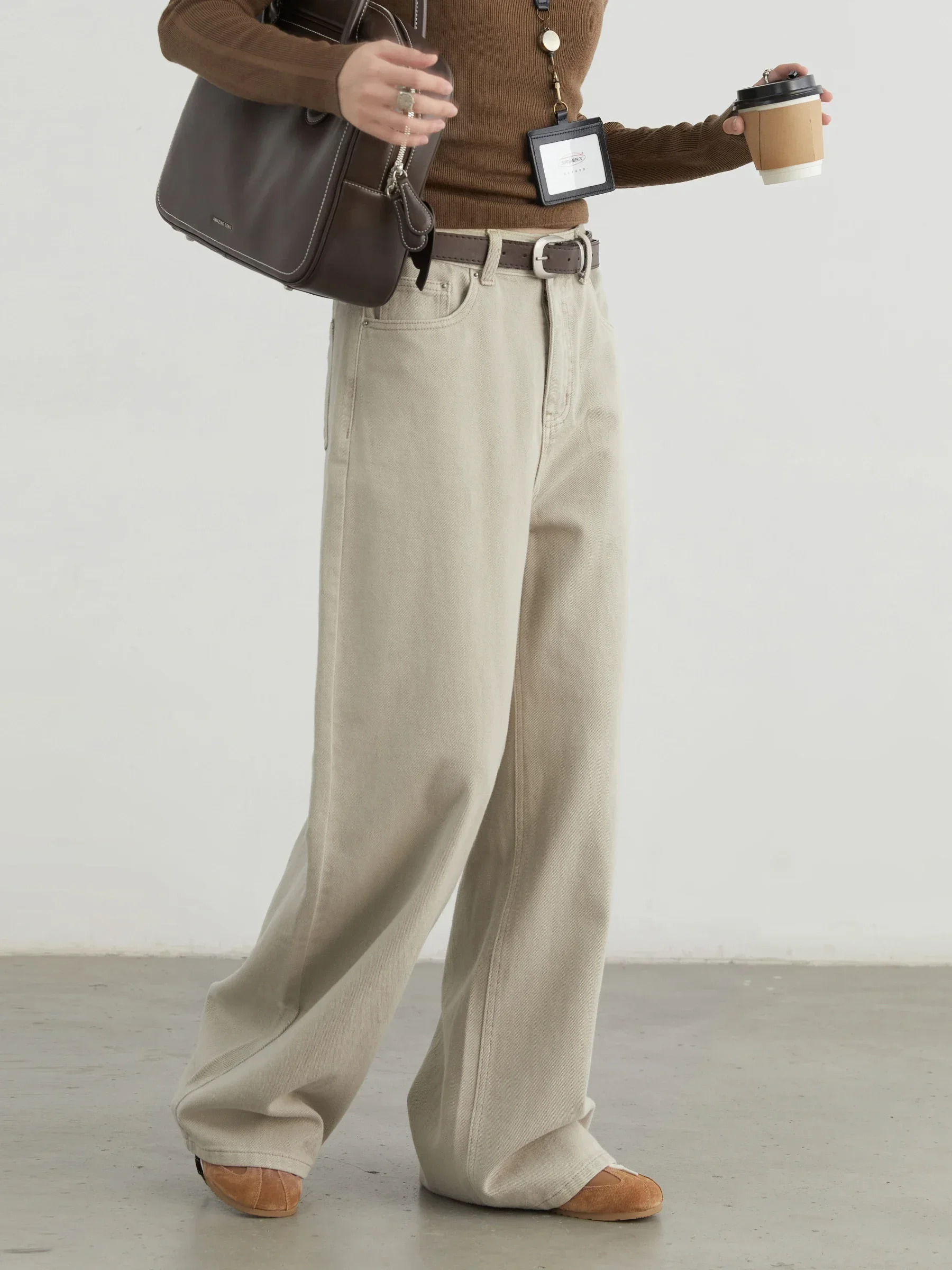CHIC VEN Women Pants Cotton Loose High Waisted Slim Straight Leg Female Jeans Casual Wide Leg Trousers Autumn Winter 2024 3