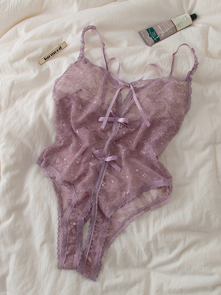 

Sexy transparent lace lingerie halter one-piece bodysuit thin embroidery without chest pad gathered private female pajamas