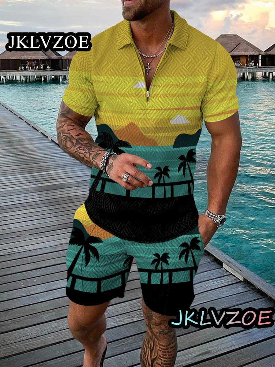 Summer Men's Tracksuit Hawaiian Vacation Style Polo Shirt Set Turn Down Collar Zipper Clothing Casual Outfit Suit Streetwear
