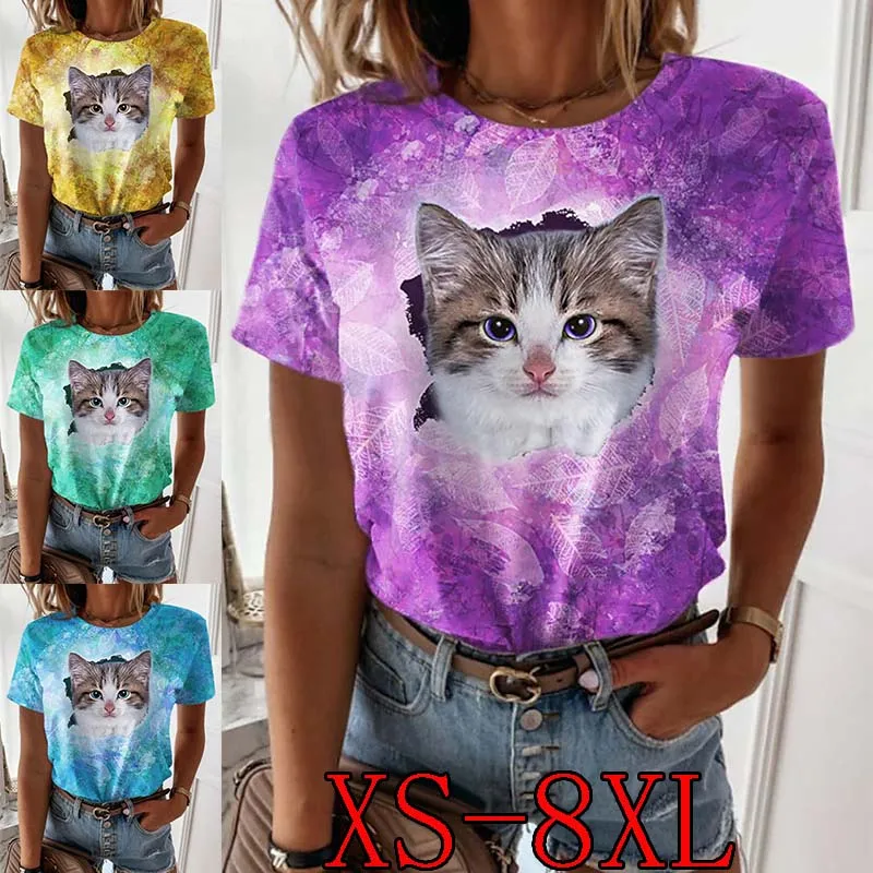 

Women's Casual 2022 Fashion Cat Painting T Shirt Tee Cat 3D Short Sleeve Print Round Neck Basic Tops