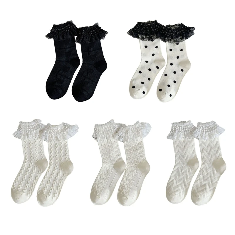 

Geometric Jacquard Socks for Women JK Girl Ruffle Lace Frilly Calf Socks