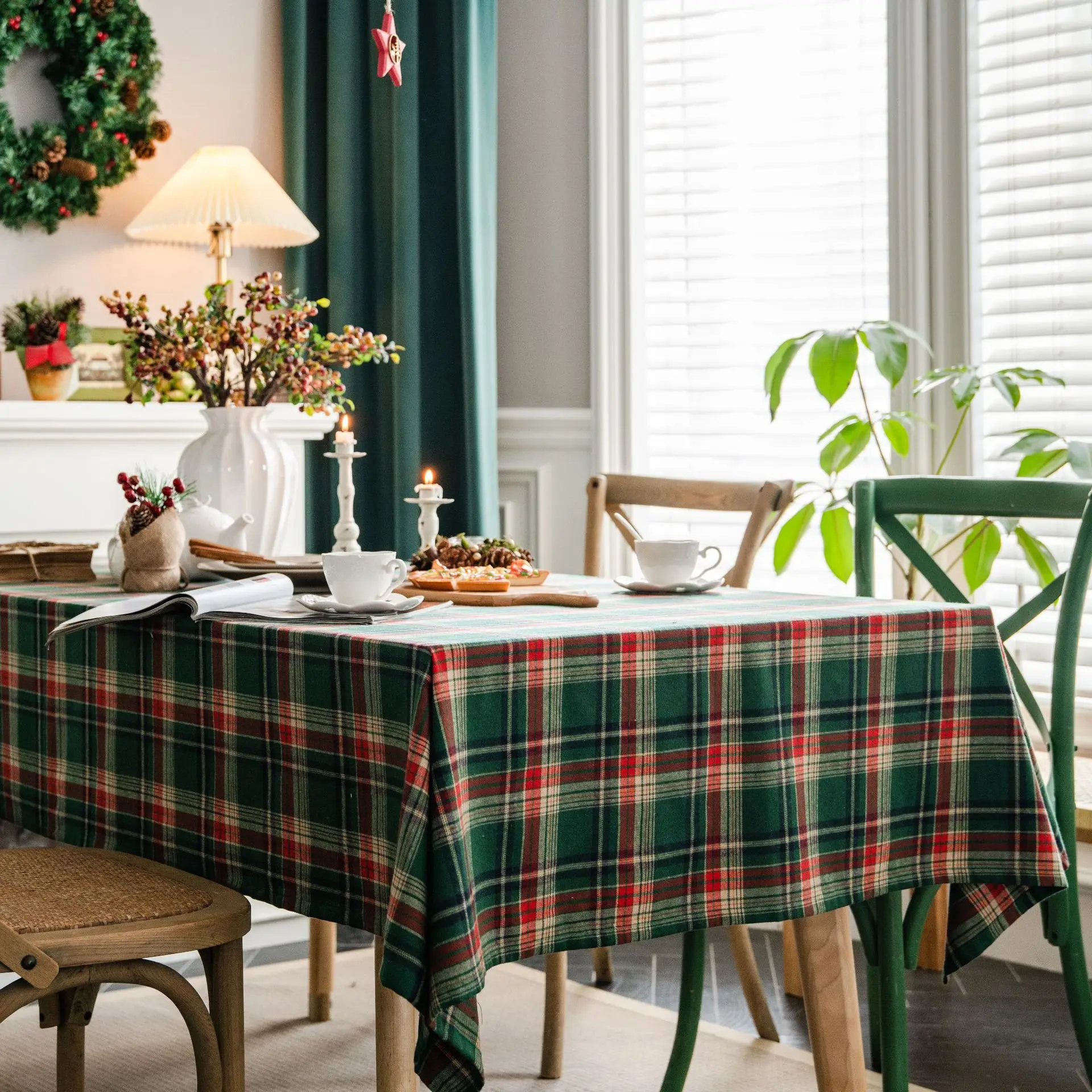 

Green Plaid Dinner Table Cloth American Fabric Art Rectangle