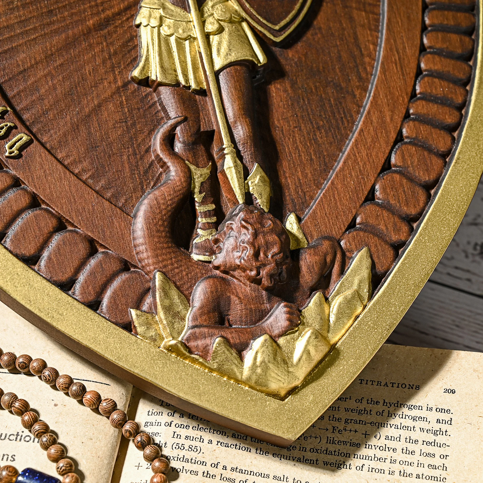 Shield of Saint Michael's family, wall hanging, religious statue, wood carving, home decoration