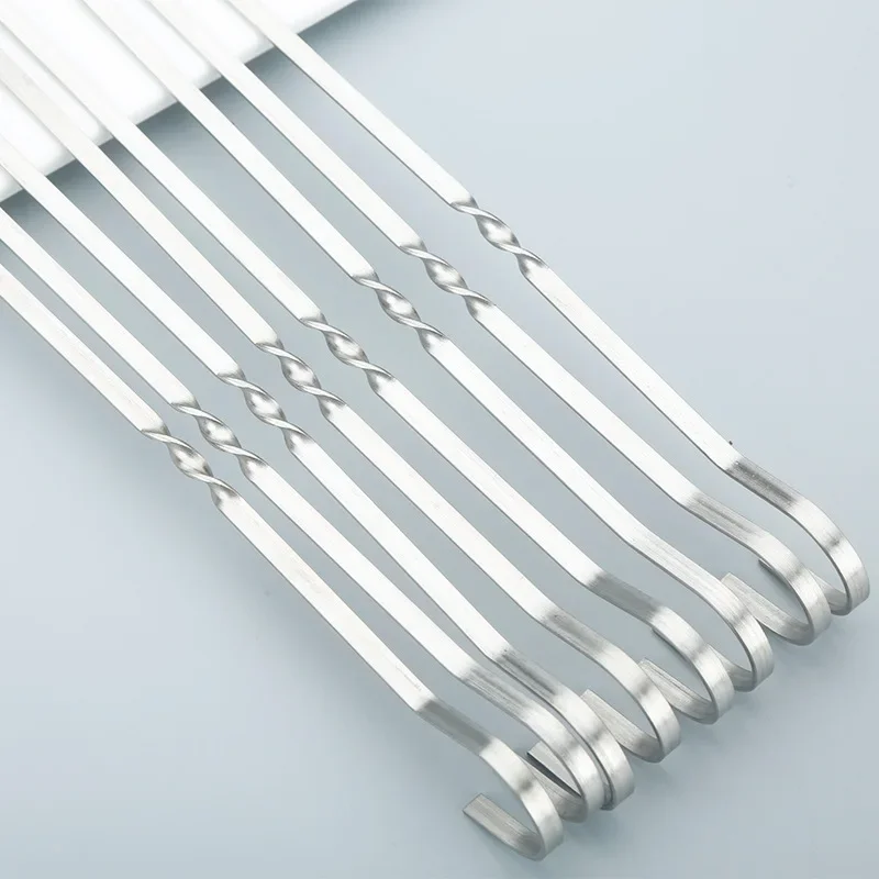 10pcs BBQ Fork BBQ Utensil Outdoor Camping Picnic Wide Sticks Stainless Steel Barbecue Skewer Reusable Grill Sticks Tools