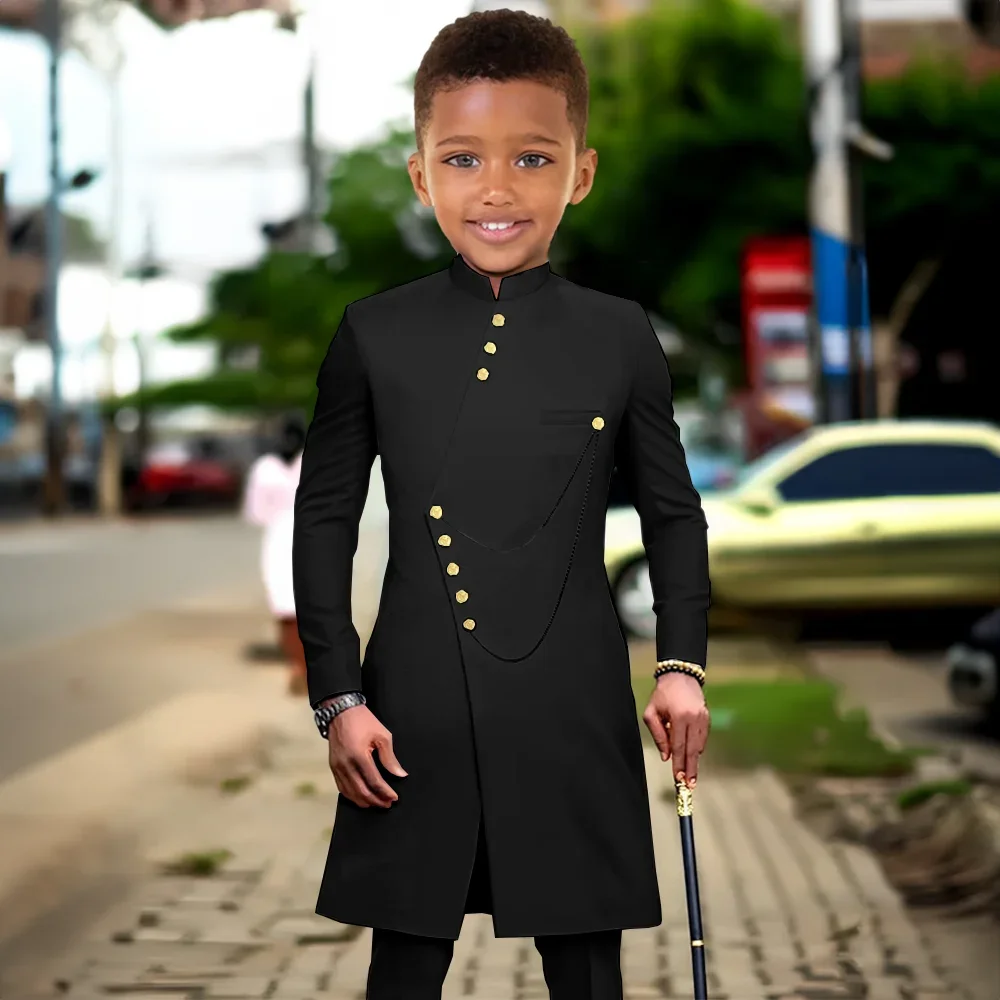 Black Boys Suit Customized Kids Suit Long Jacket Pants Wedding Indian Style Tuxedo 2 Piece Fashion Design 2T-16T