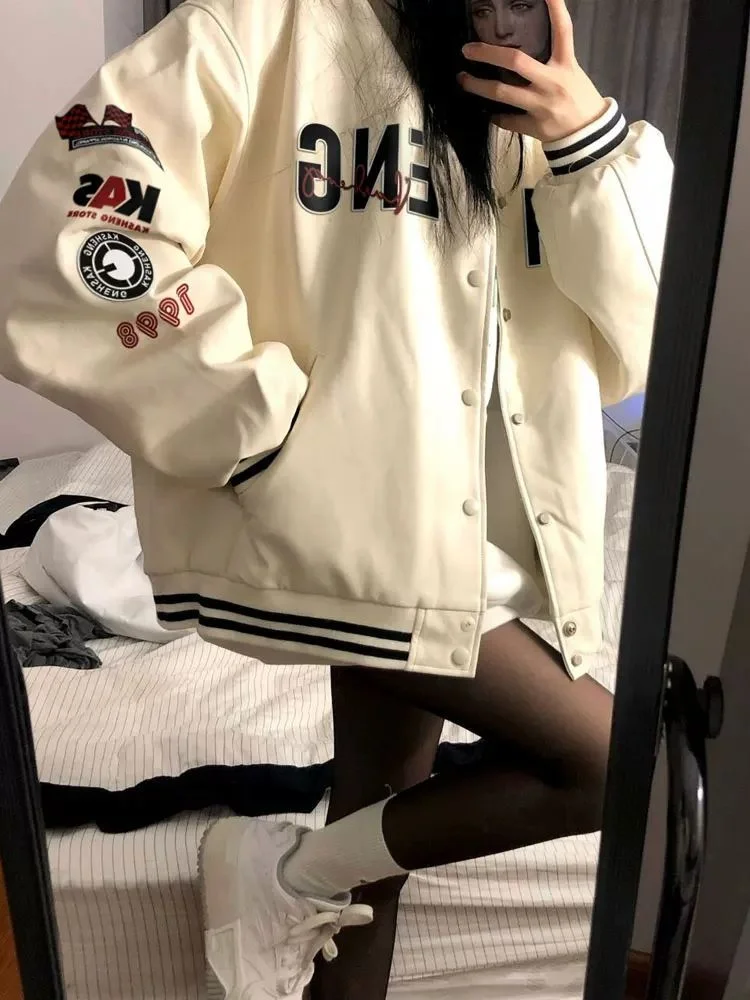 

Deeptown Y2K Retro Beige Bomber Jackets Women Kpop Harajuku Korean Fashion Letter Oversize Baseball Coats Female Vintage College
