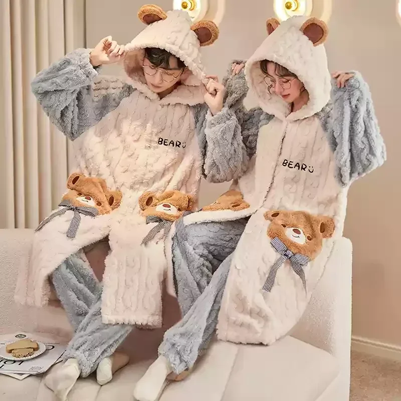 Winter Warm Nightwear for Couples Cartoon Cute Bear Flannel