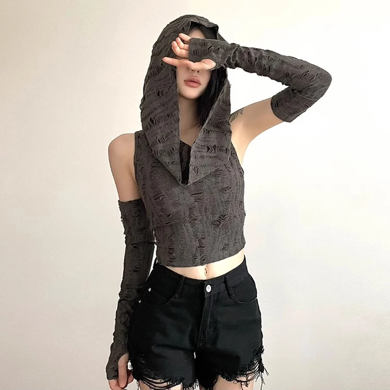 Sexy Hole Oversleeve Crop Top Women Aesthetic Black T-shirts Y2K Retro Hooded Tops Streetwear Punk Tee Shirt Summer