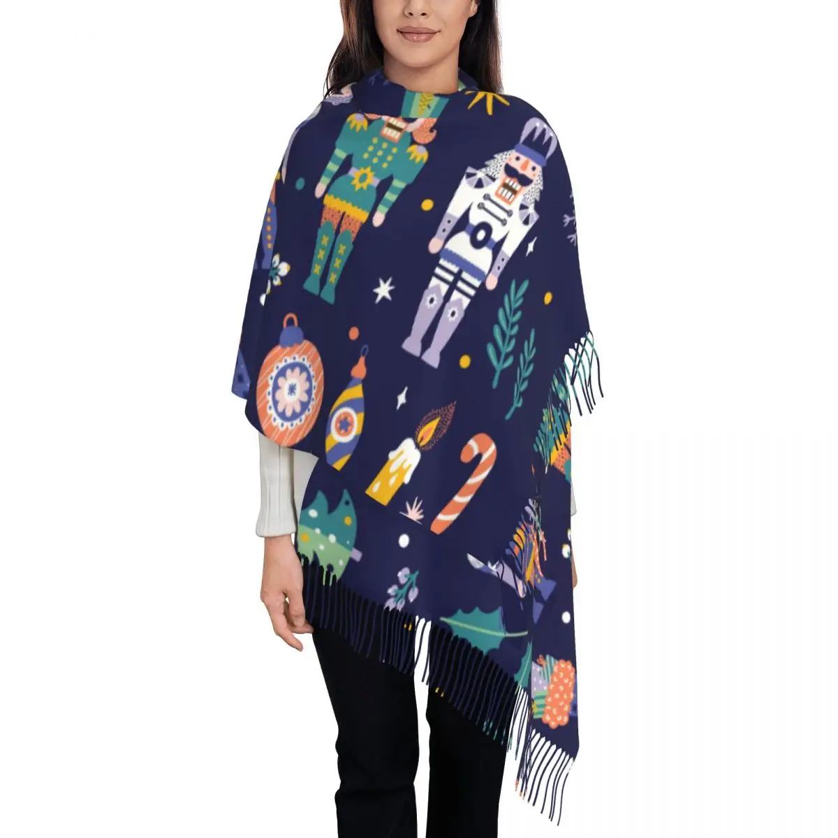

Merry Christmas Set With A Nutcracker Tassel Scarf Women Soft Shawl Wrap Female Winter Fall Scarves