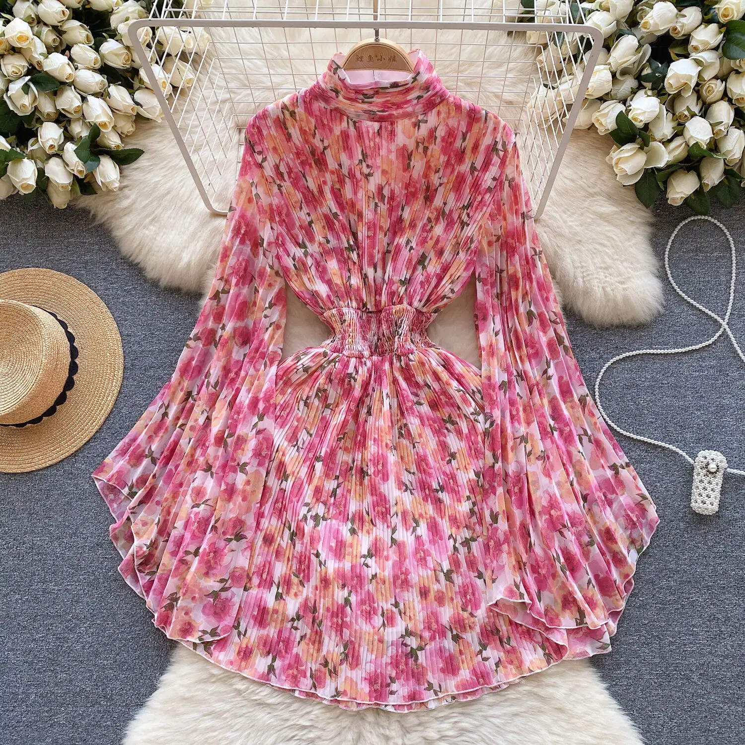 

Foamlina Pink Vacation Dress For Women 2024 New Chiffon Pressed Pleated Dress Flared Sleeves Elastic Waist Short Dresses