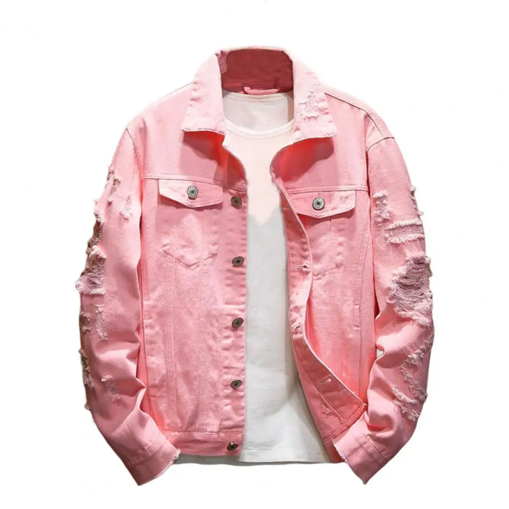 Giacca di jeans monopetto larga alla moda da uomo alla moda con buco strappato da indossare ogni giorno_voghion.com
