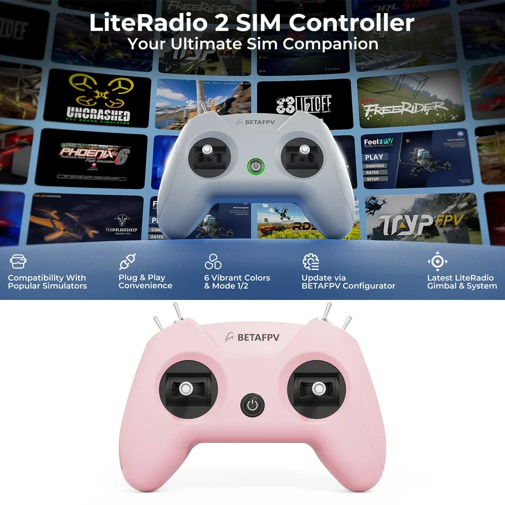 Pack de 6 radiocommandes LiteRadio 2 SIM pour simulateur RC dans différentes couleurs : noir, blanc, rouge, bleu, vert et jaune.