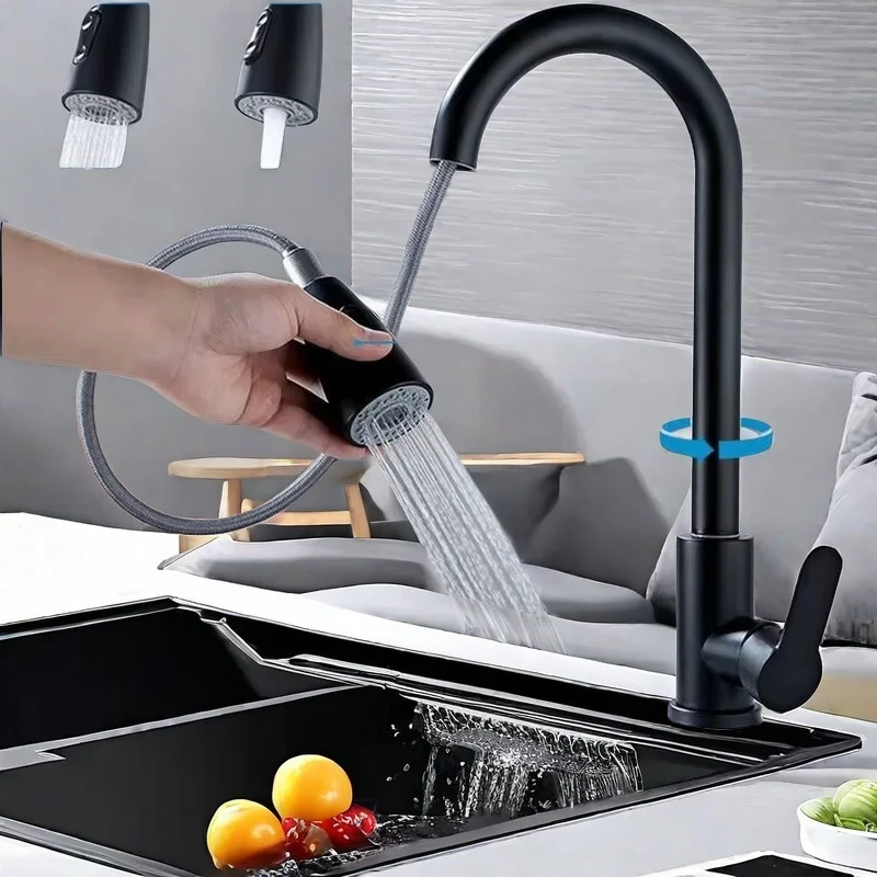 NEW Stainless steel kitchen faucet single hole pull-out spout kitchen sink faucet flow nozzle 360 ​​rotating cleaning faucet 5