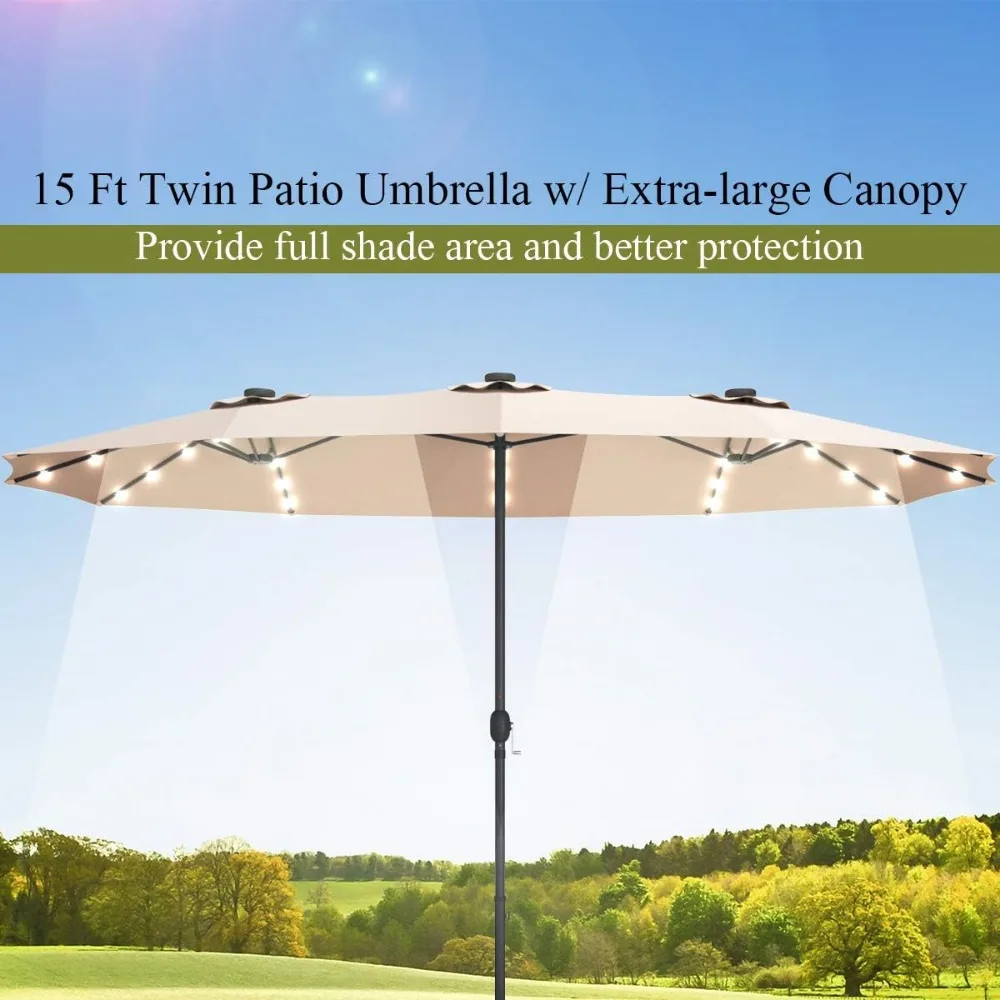 15 Ft Double Sided Patio Umbrella with Solar Lights 4