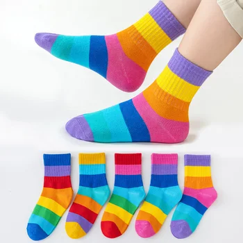 5 Pairs Girl's Rainbow Pattern Socks Cotton Comfortable Breathable Soft Kids Socks 1