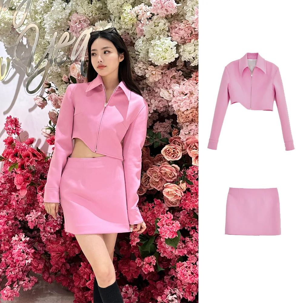 

New Acetic Acid Pink Irregular Hem Jacket Coat Women's Sweet Spicy Low Waist Skirt Set Fashionable
